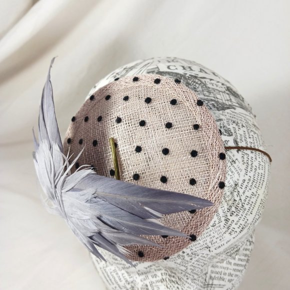 Small Round Fascinator Hat with Polka Dots Gray Feather \